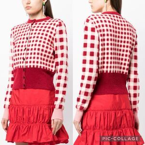 Molly Goddard Toni Gingham Cotton Wool Cardigan Sweater Womens Small Red Pink